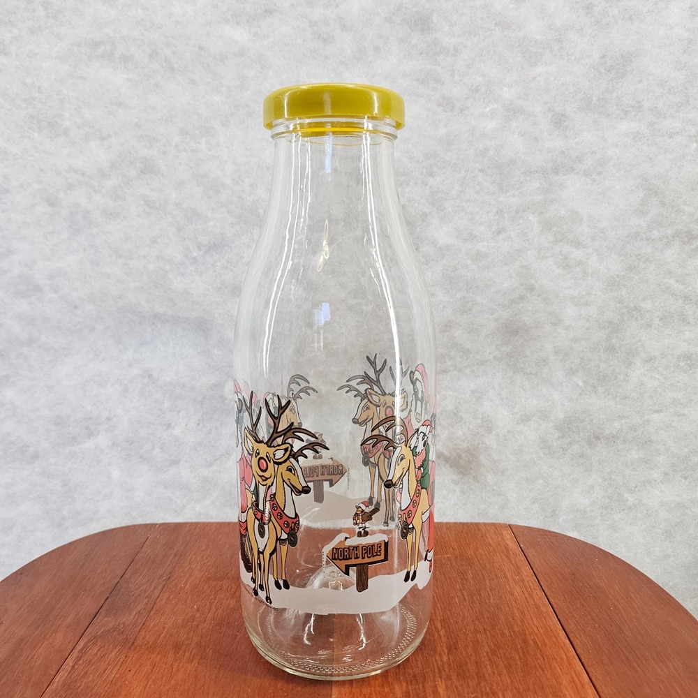JDT Santa's Milk Glass Bottle w/ Lid Christmas Cows Reindeer North Pole Vtg 2005 - Picture 2 of 5